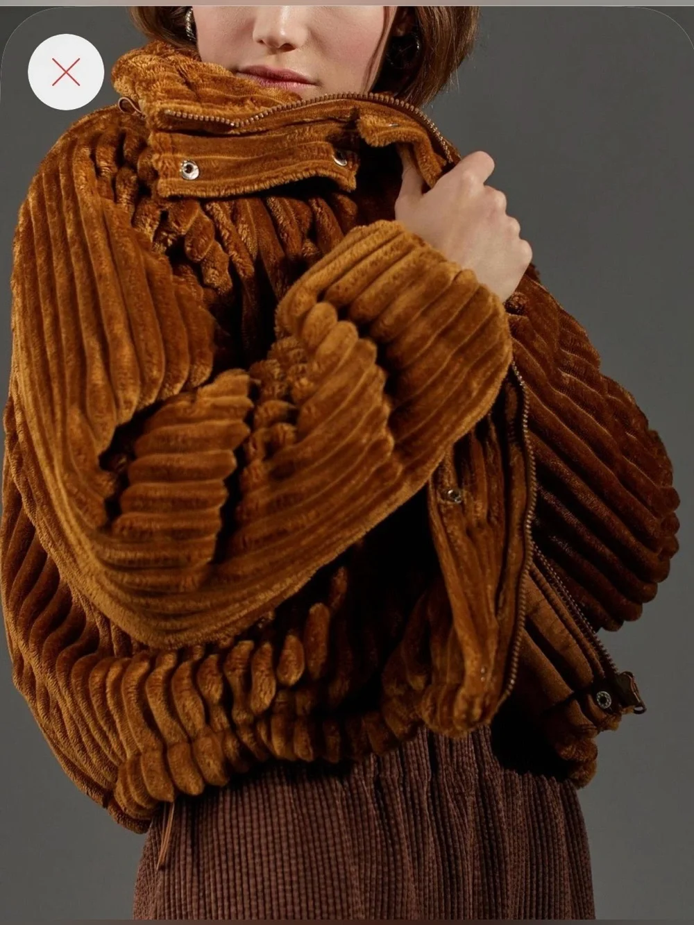 BDG Isla Plush Ribbed Teddy Jacket in Caramel Brown size S.